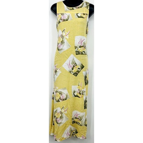 Baik Baik Honolulu Women Yellow Midi Dress Large L Floral Sleeveless Rayon EUC - Picture 1 of 7